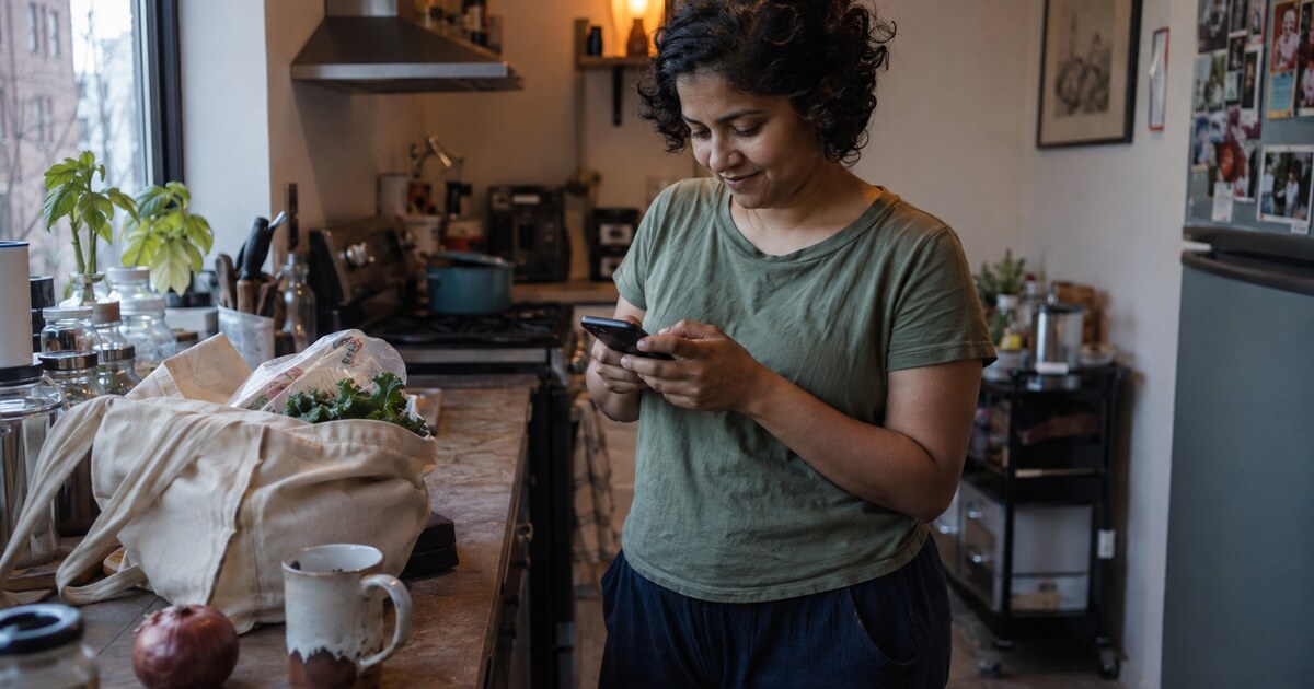 A South Asian woman in her mid-thirties with short curly hair, wearing a faded green T-shirt and loose navy trousers, stands at the kitchen…