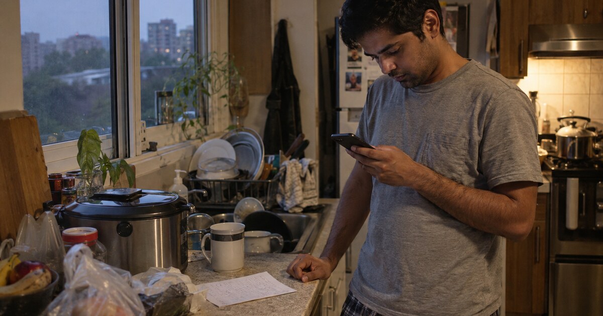 A South Asian man in his early thirties with short black hair, wearing a faded grey T-shirt and checked lounge trousers, stands at a…