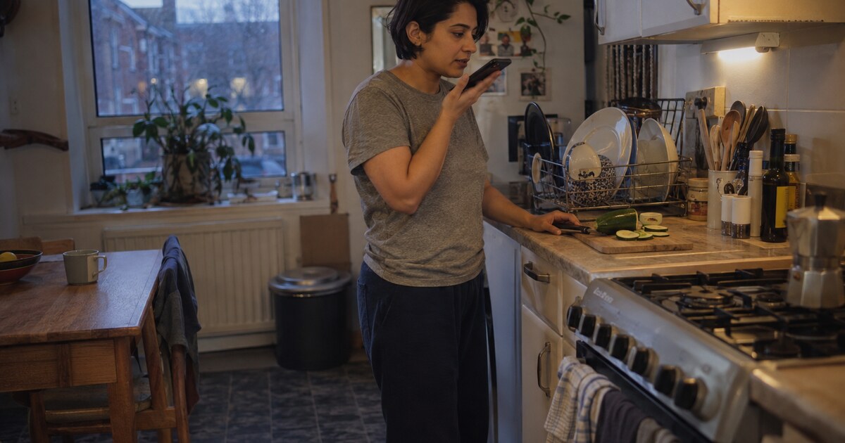 A South Asian woman in her early thirties with short dark hair, wearing a plain grey T-shirt and loose navy trousers, stands at a small…