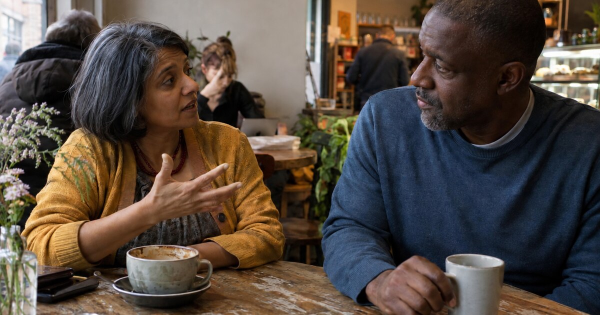 In a small neighbourhood café on a weekday afternoon, a South Asian woman in her late forties with a short greying bob and a plain mustard…