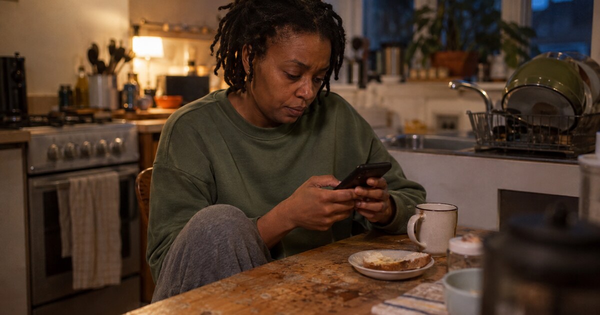 A Black woman in her mid-thirties with short locs, wearing a faded green jumper and loose grey trousers, sits at a small scratched kitchen…